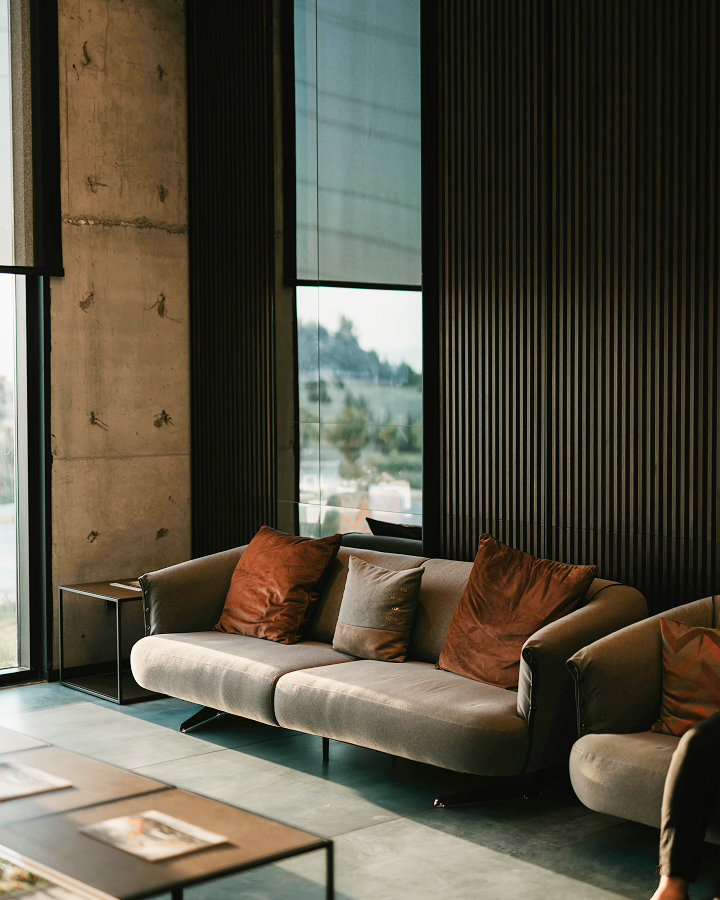 A modern living room with natural color scheme
