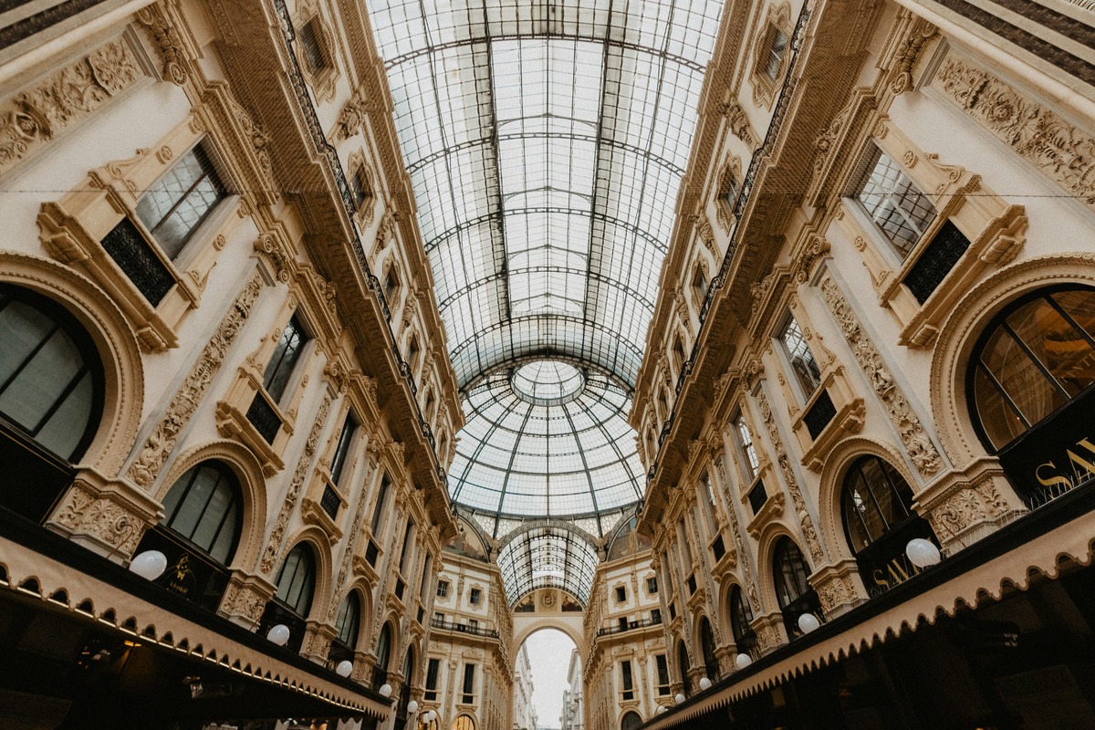 Angled view of the Galleria Vittorio Emanuele II in Milan, Italy